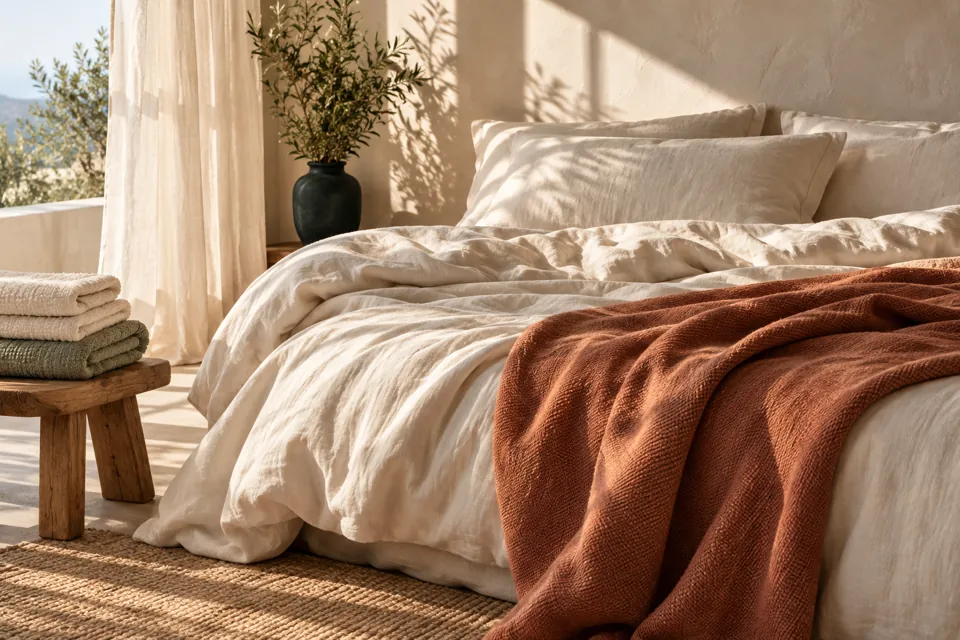 Quarto imaginado com cama clara e manta terracota, sem produtos identificados.