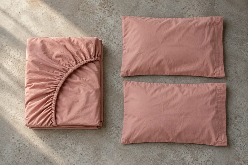 Um lençol com elástico e duas fronhas rosadas dispostos separadamente.