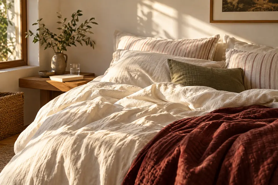 Cama imaginada com tecidos claros e fronhas listradas sob luz suave da manhã.
