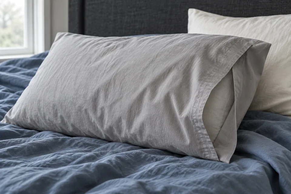Detalhe da abertura de uma fronha cinza sobre roupa de cama azul.